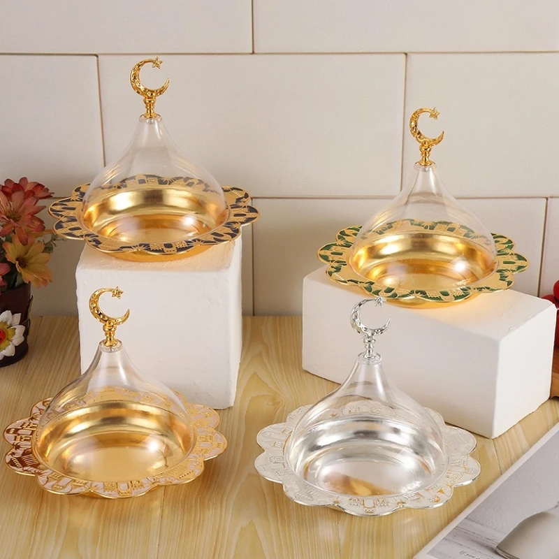 Eid al-Fitr Circle Shape Fruit Tray,Golden With lid Acrylic Alloy Tea Disc Home Cheese Food Plate,Snack Disc Table Decoration