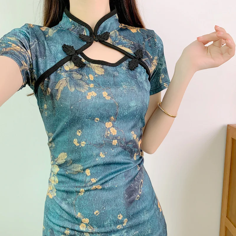 

Женское элегантное Ципао, новое летнее платье Cheongsam с цветочным принтом, сексуальное открытое платье с воротником-стойкой в китайском стиле, средние длинные платья