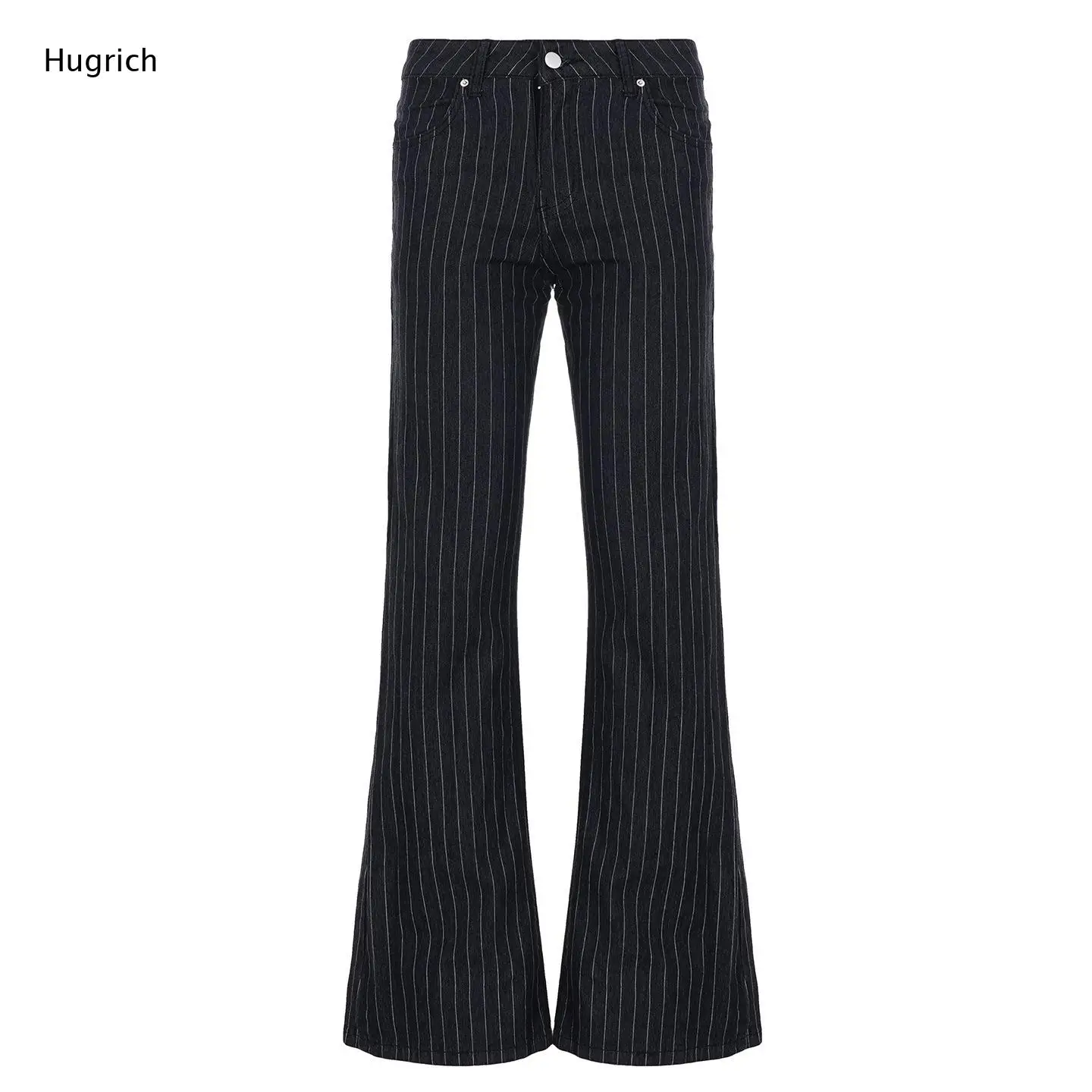 Women's Classic Vertical Stripe Flared Denim Pants High Waist Slim Cut Multi Pocket Vintage Street Casual Daily Wear Trousers