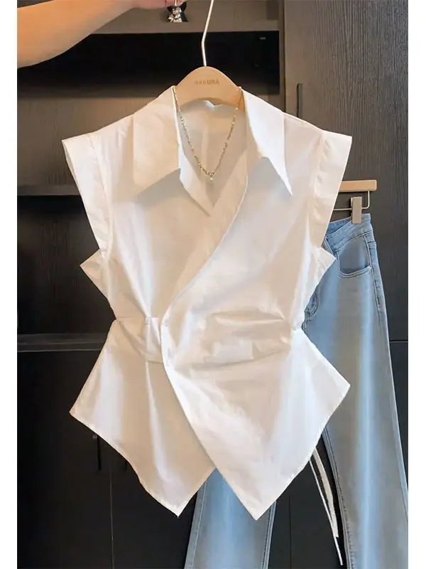 

White Asymmetrical Design Sleeveless Short Shirt Women's Fashion Slim Fit Summer New Style Belted Waist Short Top