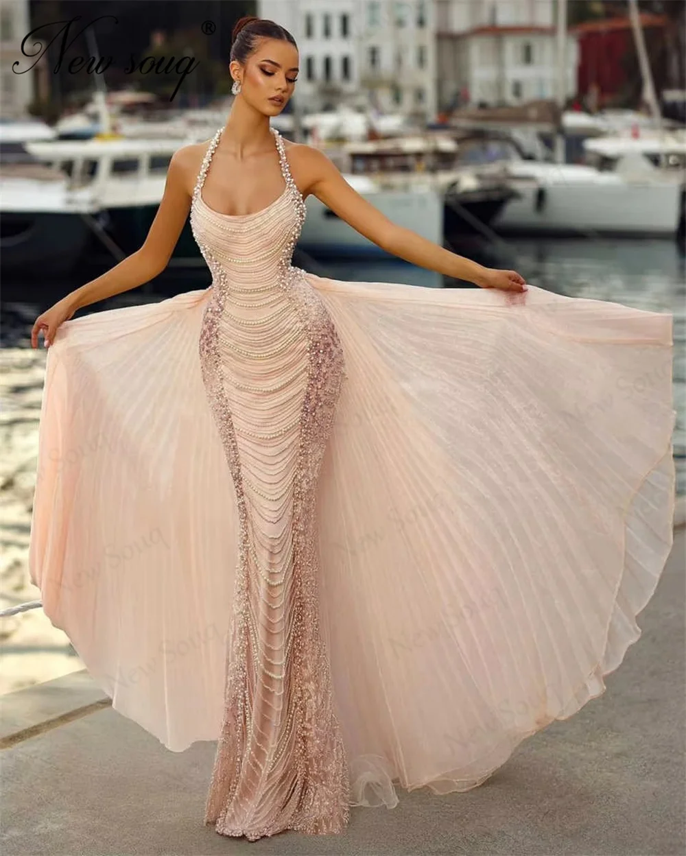 Dubai Spaghetti Straps Evening Dresses Haute Coutures Mermaid Pearls Engagement Dress Prom Party Gowns Vestido Blanco Customized