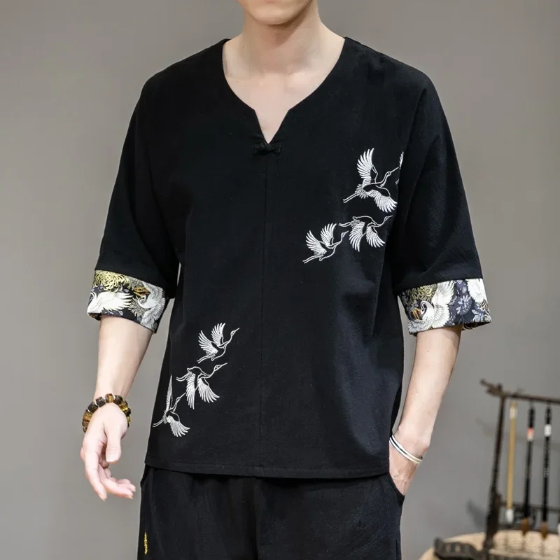 

Summer Men Traditional Chinese Clothing Linen Tang Suit Top Embroidery Half Sleeve Loose Casual Shirt Kungfu Hanfu Shirt 10796