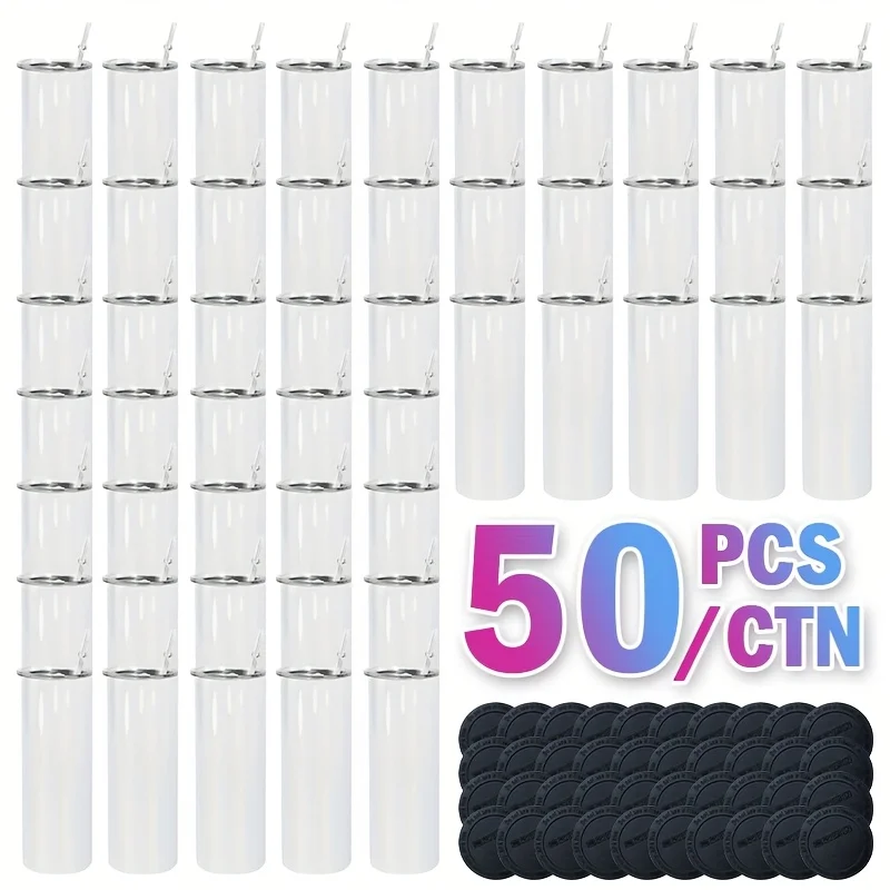 

50pcs, 20oz Sublimation Blank Insulated Skinny Tumblers with Plastic Straw & Rubber Bottom, Vacuum Stainless Steel 304 Cups