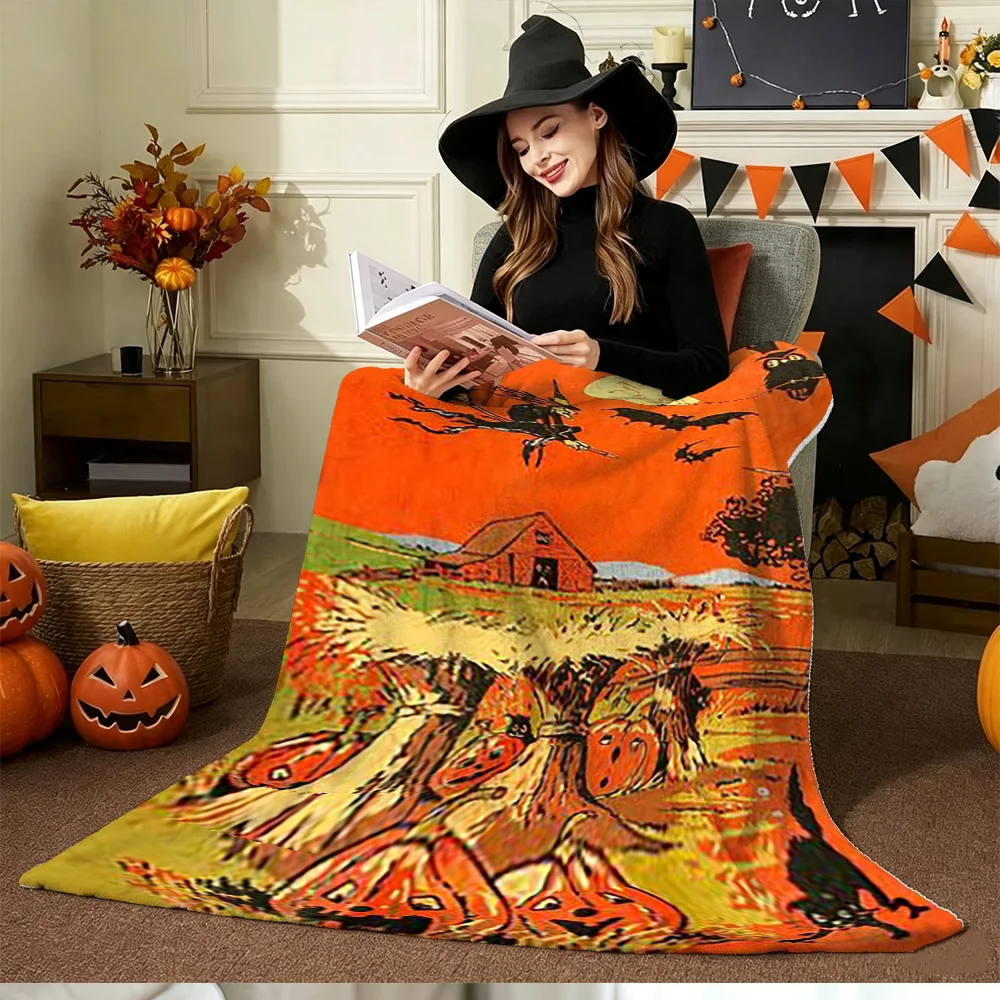 Vintage Halloween Witch Flying Blanket Orange Pumpkin Bat Print Soft Fleece Throw for Holiday Home Decor