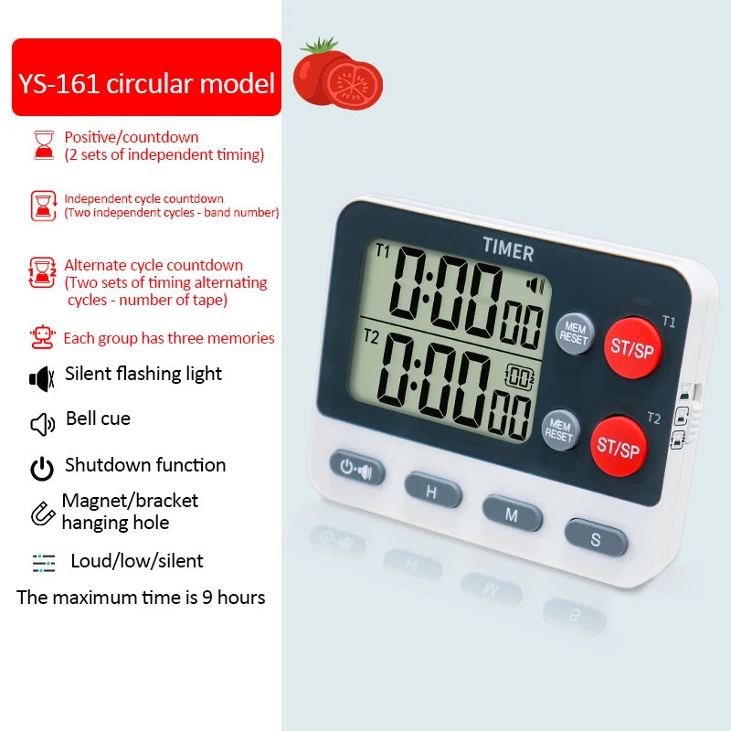 Digitale kookwekker met geheugenfunctie 2 kanalen tellen Dempen Knipperende timer UP/Down Timer 3 niveaus Volume Luide wekker