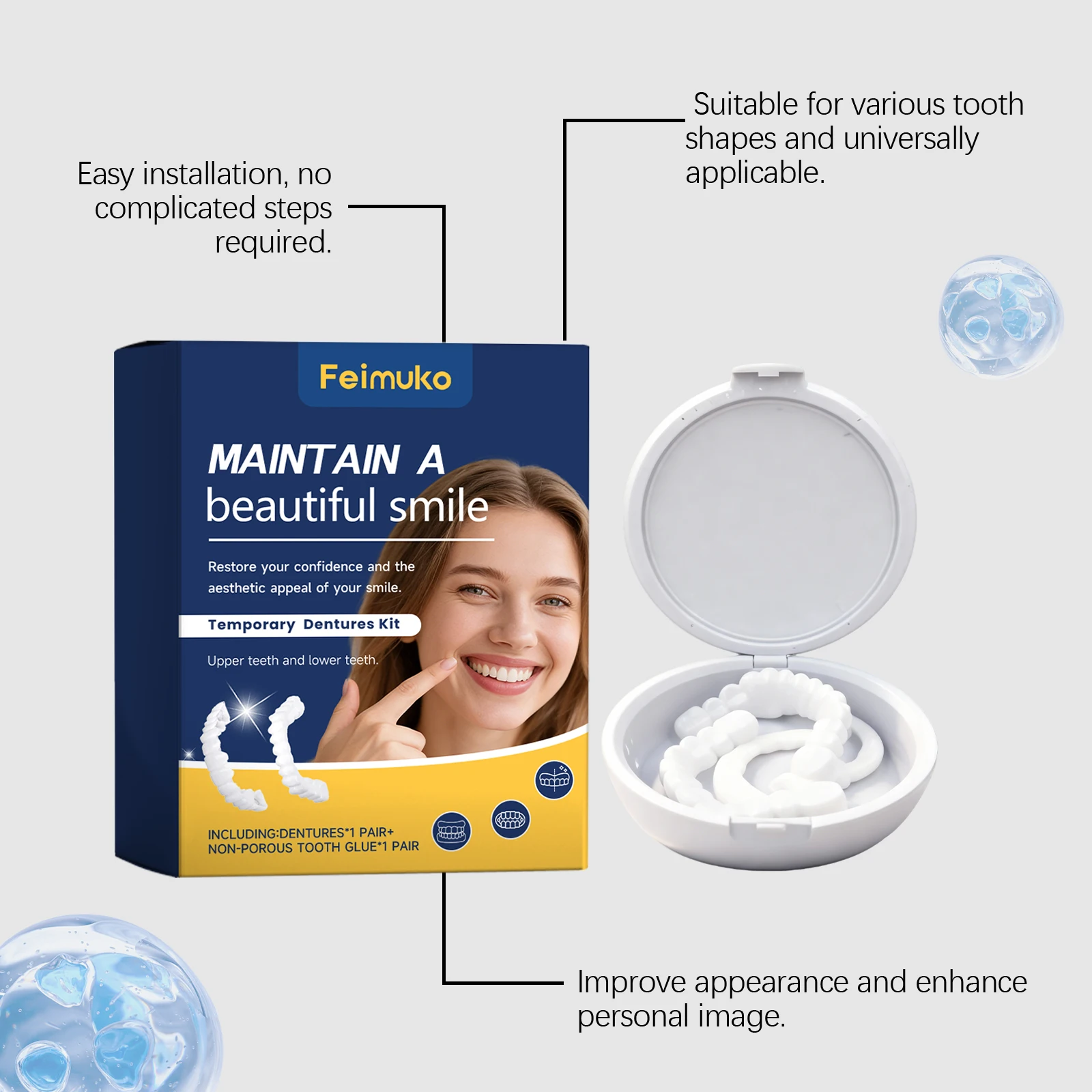 Feimuko Adjustable Snap-On Denture Kit - Natural Fit Comfort Wear False Teeth Oral Care Daily Use Easy Application Gentle Fit view 2