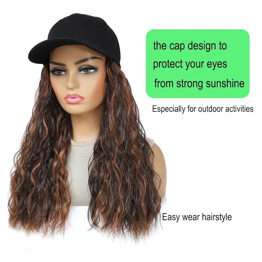 وصلات شعر مجعد صناعية مقاومة للحرارة مرفقة بقبعة بيسبول قابلة للتعديل للنساء والفتيات شعر مموج أنيق