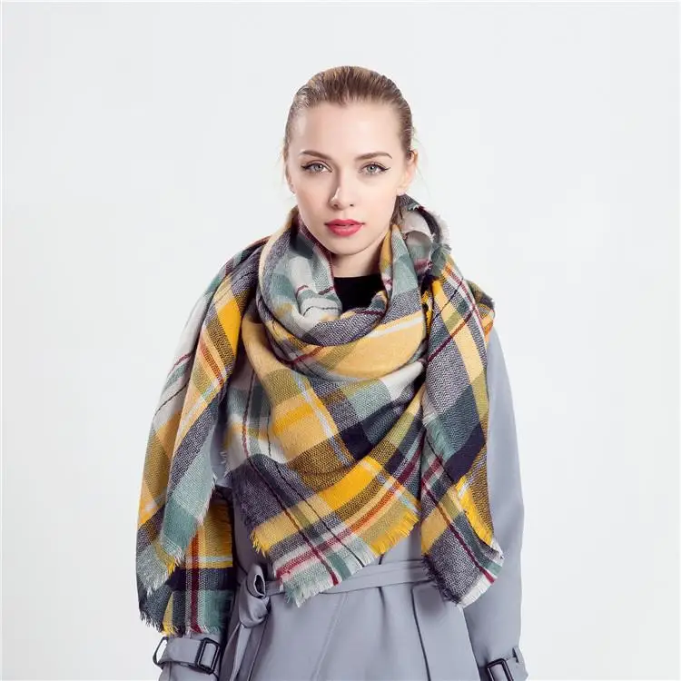 

Large Square Scarf Imitating Cashmere Yellow Grey Street Style Warmth Functional Square Towel for Casual Sports