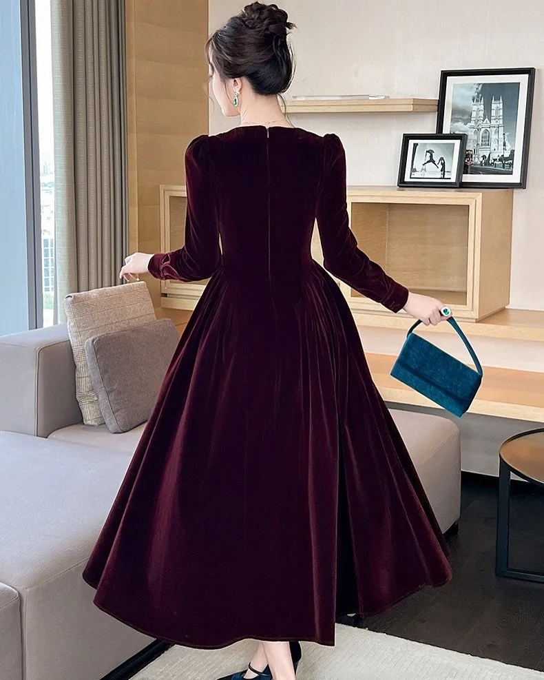 Robe de soirée trapèze en velours de tempérament personnalisé, en cristal, manches longues délicates, longueur thé, robes d'occasion sur mesure