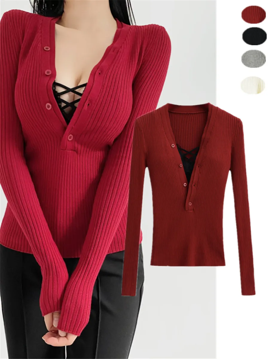 セクシーなレッド V ネックニットセーター女性の秋冬スリムフィットロング Sve ストリート Sle インナーウェア 2 つの着用方法セット