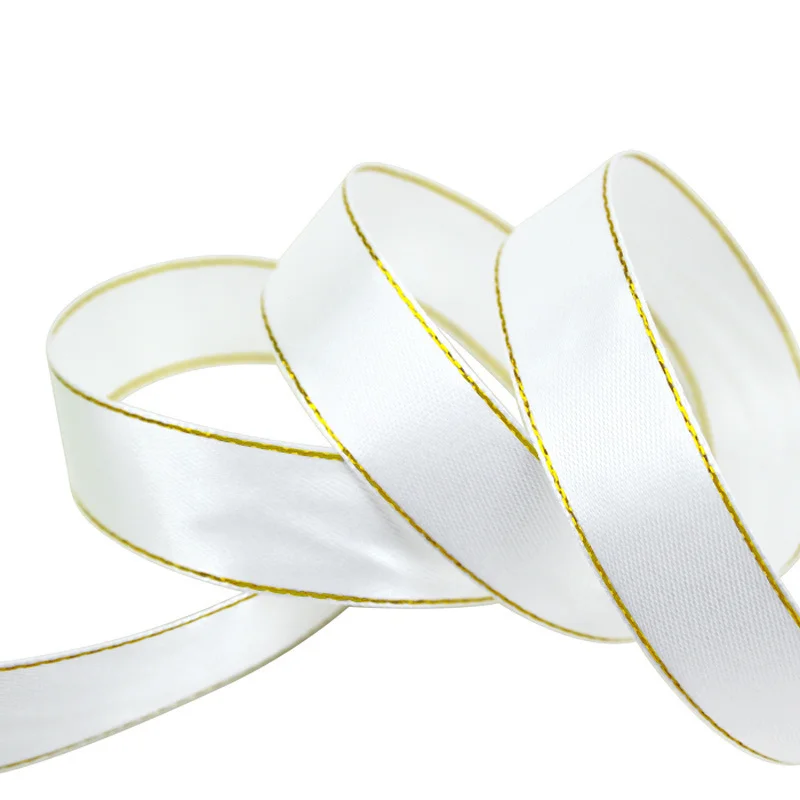 (25 Yards/roll) 20mm White Satin Ribbon Gold Edge Wholesale High Quality Gift Packaging Handmade DIY Ribbon Roll