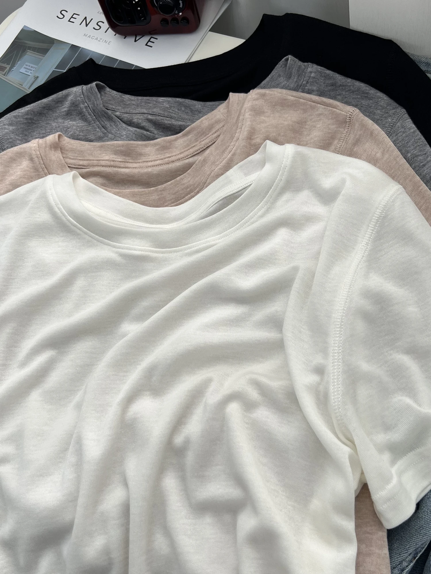 Bardzo Duży 300 G/M² Miękki Lyocell Cienki T-shirt Damski Letni Luźny Kolorowy Dzianinowy Top Bazowy Koreański Styl...