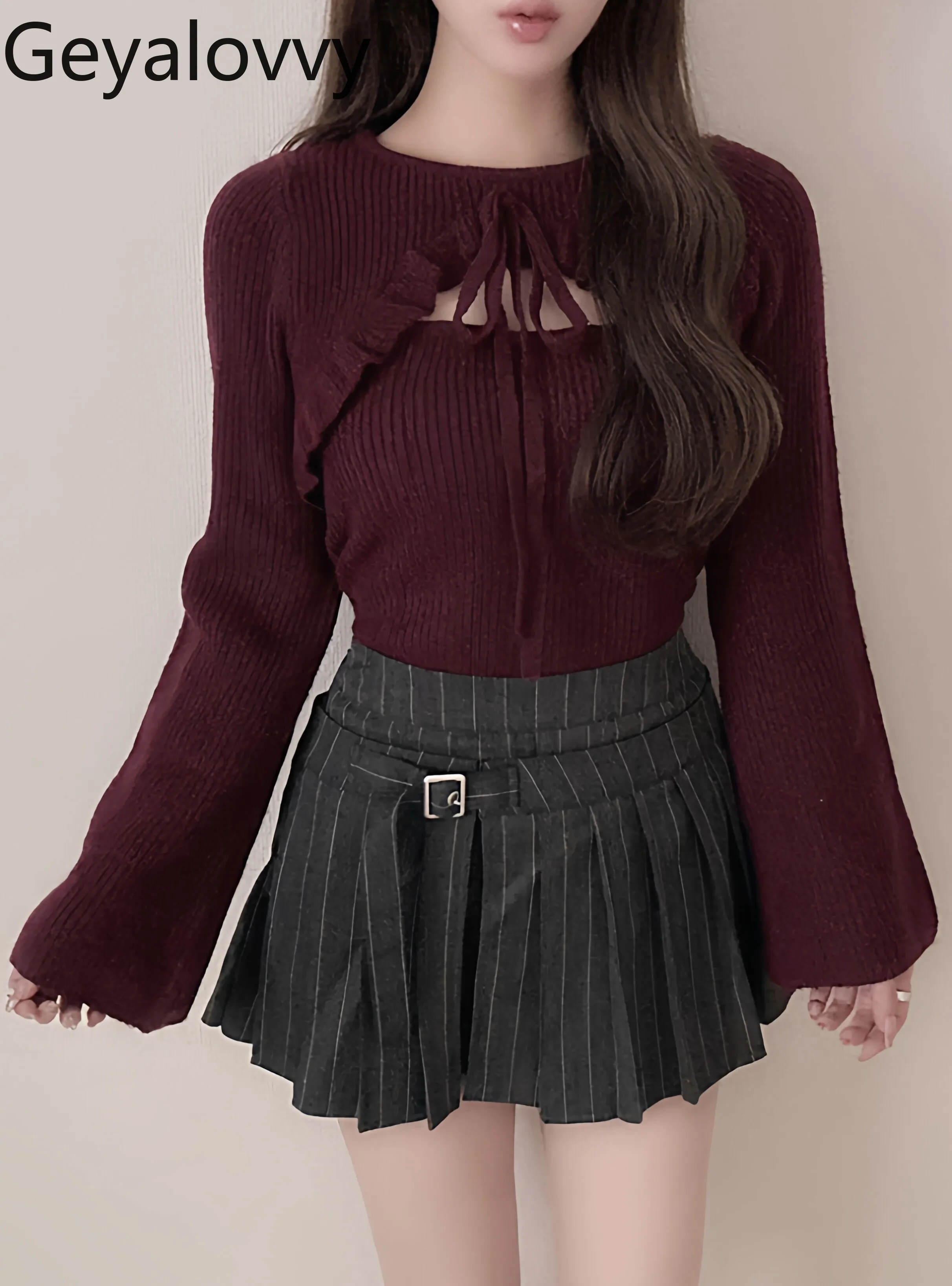 

Grl New Japanese Style Sweet Round Neck Hollow-out Ruffle Bow Tie Knitted Top Fashion Soring and Autumn Long Sleeve Sweater