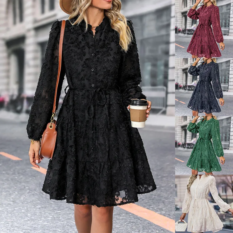

Spring and Autumn European and American Elegant Retro Style Lace Long-sleeved Dress
