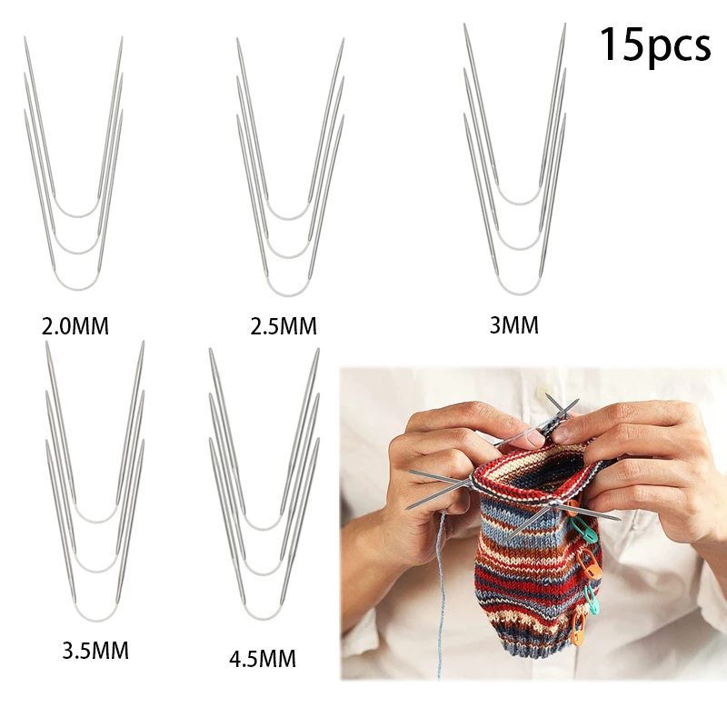 15Pcs Circular Knitting Needles, 23cm Stainless Steel Circular Knitting Needles, Including 2Mm/2.5Mm/3Mm/3.5Mm/4.5Mm, Suitable for DIY Small Dolls, Socks, Sleeves, Hats, Gloves, Sweater Collars, Coin Purses, Pet Sweaters