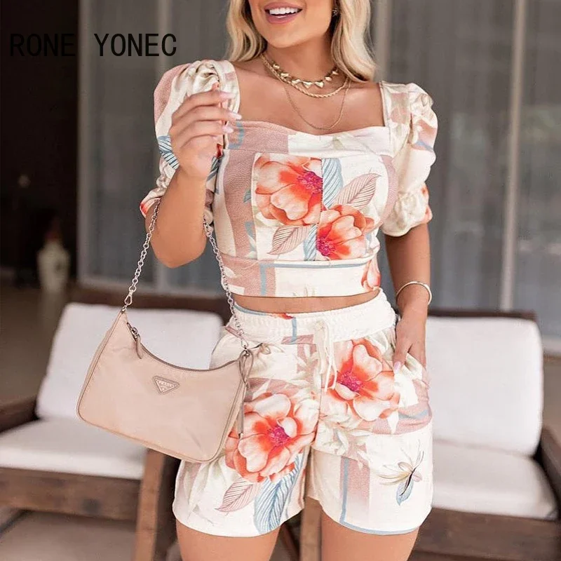 Women Floral Print Square Neck Bubble Sleeve Top & Drawstring Shorts  Summer Vacation Suit