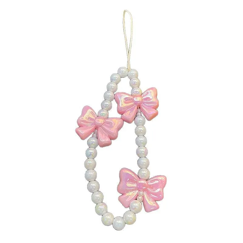 Cadena de teléfono de diseño original |   Cadena rosada del teléfono del arco de la perla, cadena CCD del teléfono del grano de la muchacha para el encanto lindo del teléfono del iPhone 17 16