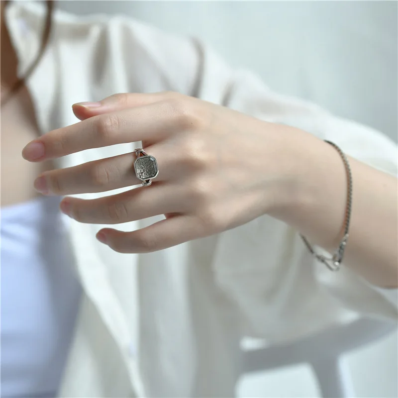 925 Sterling Silver Unique Square Stone Ring For Women Jewelry Finger Open Vintage Ring Allergy For Party Birthday Gift