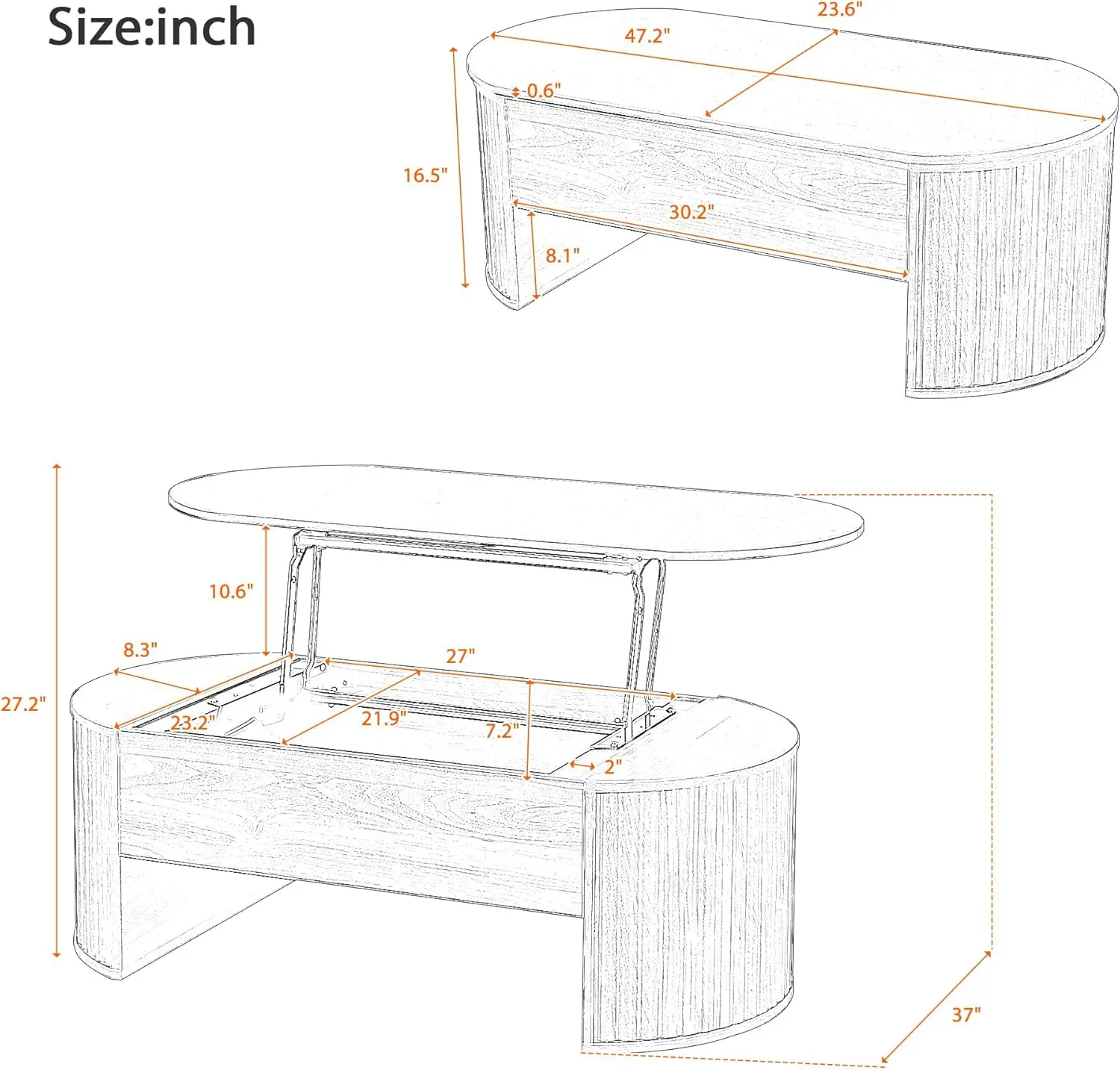 Mesa de centro moderna marrom com tampo elevatório de 47,2 '' - Mesa central de madeira com mesa elevatória oval e compartimento oculto