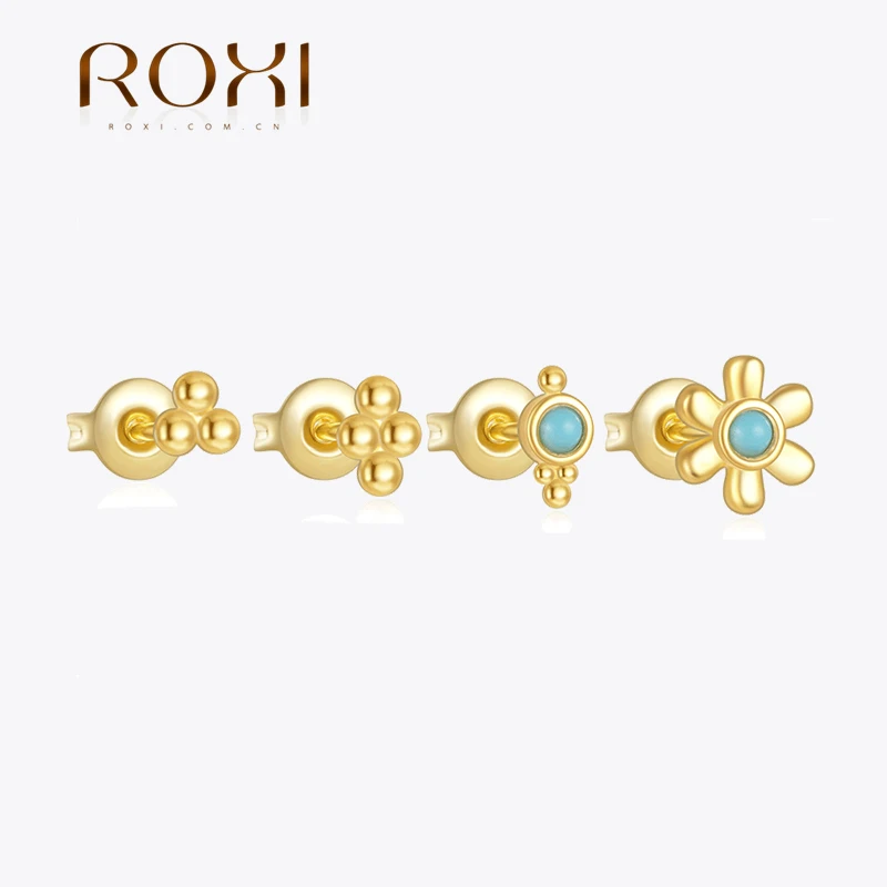 ROXI 925 Sterling Silver 4PCS Women Flower/Bead Turquoise Piercing Earrings Set Summer Stud Earring Jewelry Gifts brinco prata