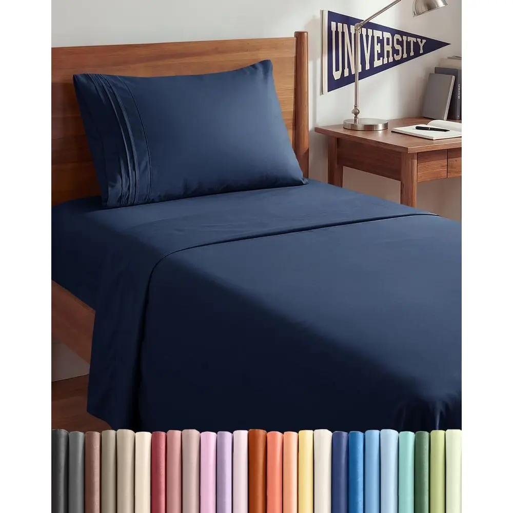 Twin XL 3 Piece Sheet Set - College Dorm Room Essentials - Navy Blue | Deep Pocket Bed Sheets for Women, Men, Teens & Students,