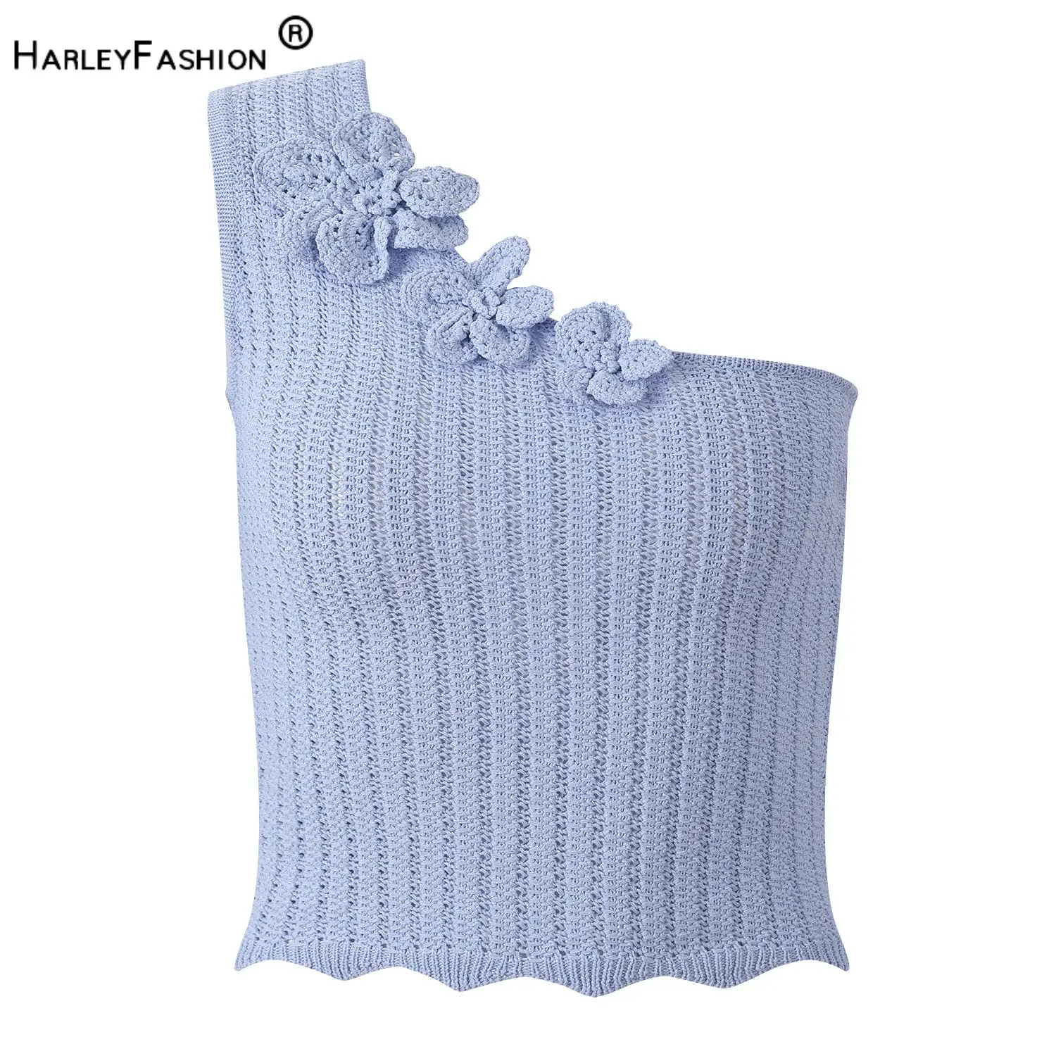 

2026 Summer Lady Fashion One-shoulder Designed Crochet Flowers Vest Solid Sleeveless Slim Fitted Pullover Knits Tops Women