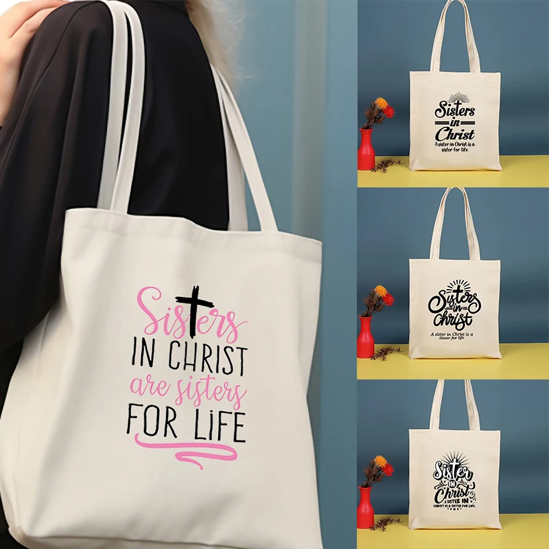 Bolsa de Ombro Canvas com Cristo Modelado, Bolsa de Ombro Reutilizável, Bolsa ambientalmente amigável, Grande capacidade