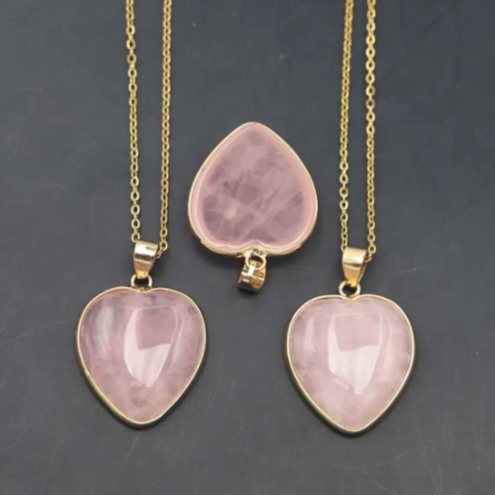 1pc Selling Natural Stone Rose Quartz Necklaces Mineral Healing Heart Shaped Pendant Reiki Charms Fashion DIY Jewelry Accessori