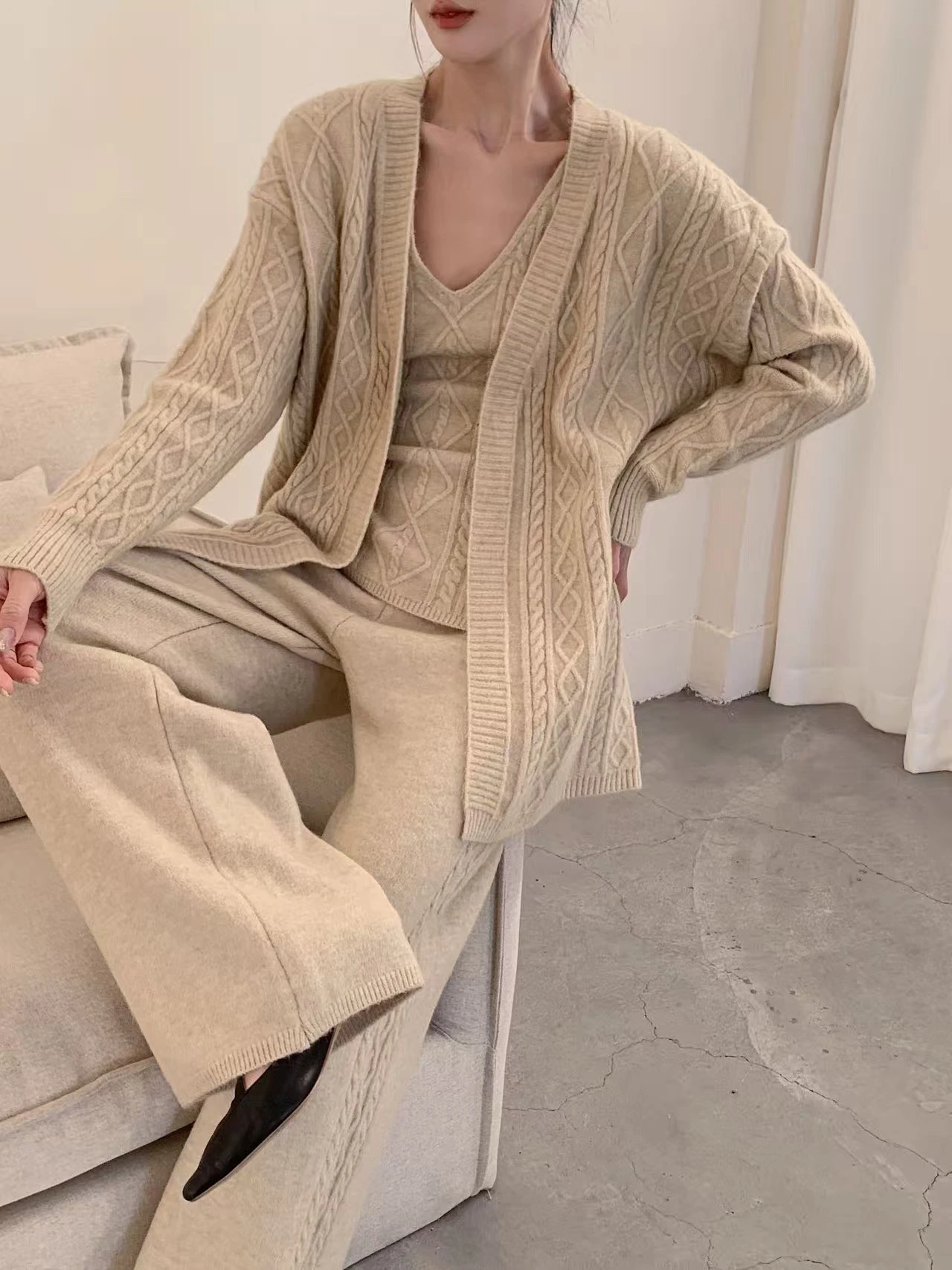 2026 Autumn Winter Women 3 Piece Knit Set Cable Pattern Open Cardigan V Neck Vest Wide Leg Pants Lounge Wear
