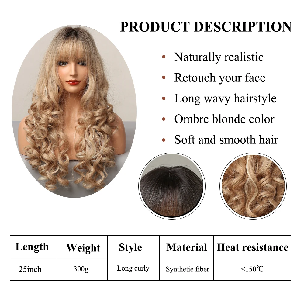 Eashihair – perruque synthétique longue avec frange pour femmes, postiche synthétique à reflets bruns, Champagne et blonds, faux cheveux résistants