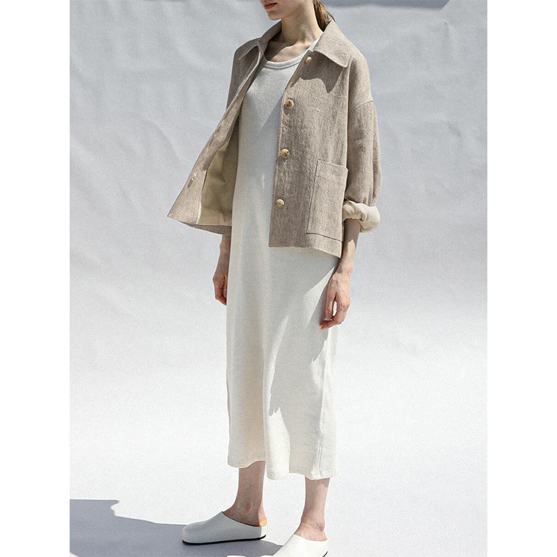 Vintage Cotton Linen Blazer Woman Casual Long Sleeve Button Up Elegant Jacket Autumn Coats Outerwear Casacos