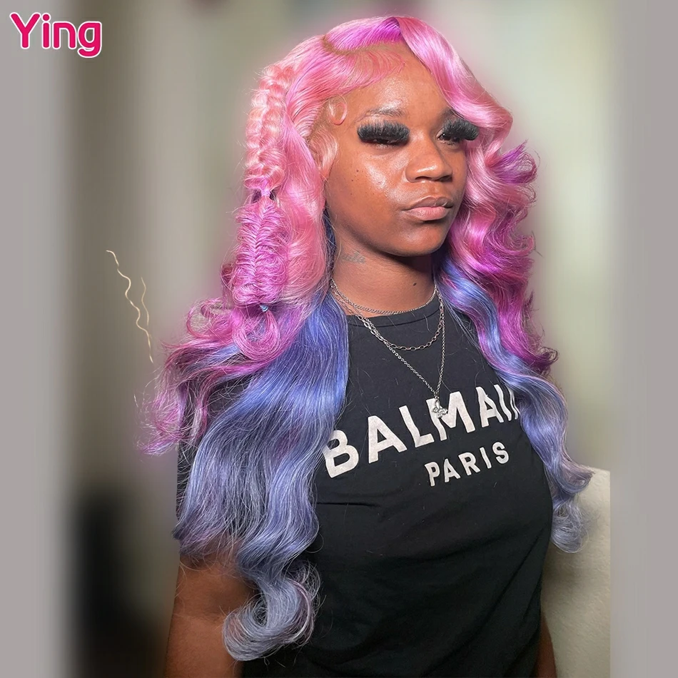 Ombre Pink Purple Body Wave 13x6 Lace Frontal Wigs Human Hair 30 36 Inch