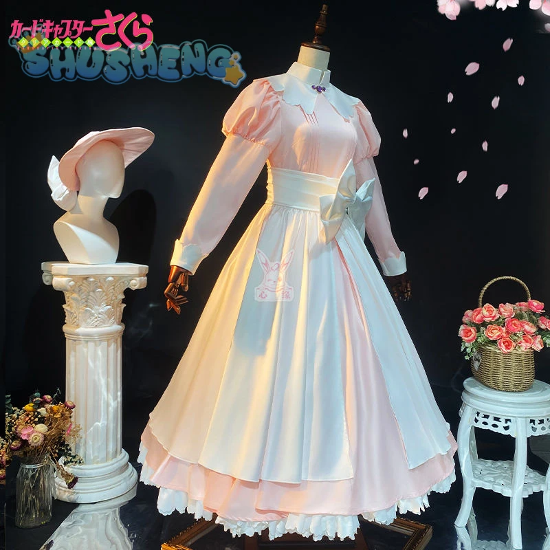 CCS KinomPain Sakura Anime Cosplay Costume pour fille, robe Lolita rose, accessoires de chapeau, chaussettes, tenue cadeau de Noël, Cardcaptor