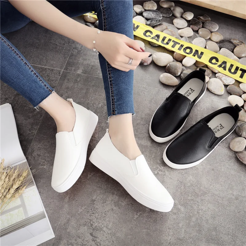 Spring and Autumn Versatile White Shoes for Women Korean Style Student Lazy Shoes Flat Leather Shoes for Women White Nurse Shoes