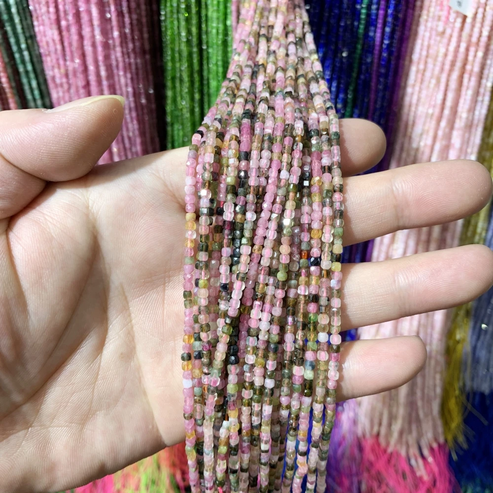 2mm Faceted Square Natural Colored Tourmaline Semi-precious Stone Beads Loose Beads DIY Bracelet Necklace Jewelry Making