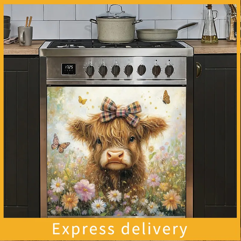 

Магнит для посудомоечной машины с изображением высокогорного крупного рогатого скота — съемный, устойчивый к пятнам, с резиновой окантовкой, с дизайном в виде цветочной пустыни и бабочек, сильный магнит
