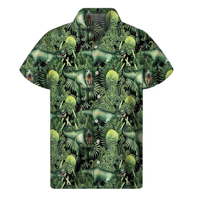 

Cartoon Dinosaur Pattern Hawaiian Shirts For Men Summer 3D Print Animal Lapel Shirt Street Loose Button Short Sleeves Blouse