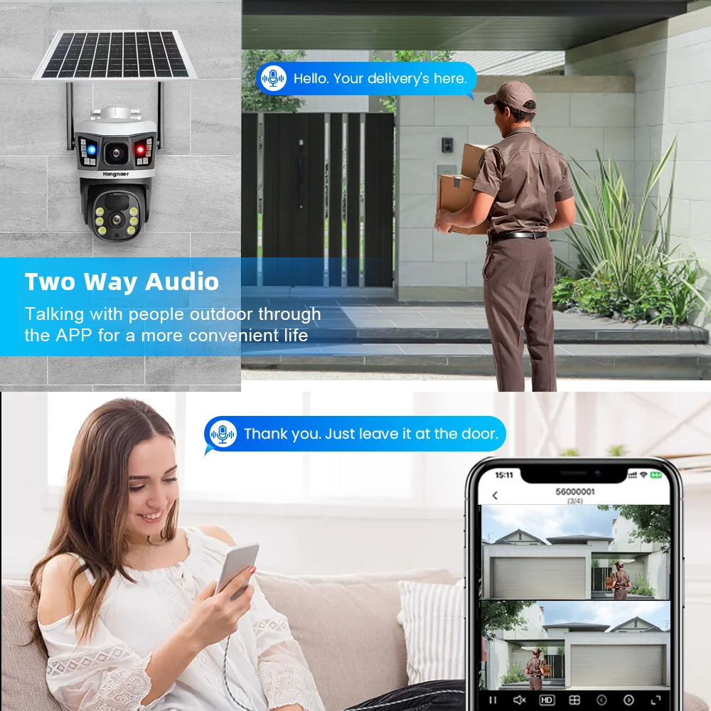 Hongnaer 8MP 4K V380 Pro عدسة مزدوجة لوحة طاقة شمسية ذكية تعمل بالطاقة اللاسلكية PTZ IP WiFi كاميرا CCTV خارجية تعمل بالطاقة الشمسية