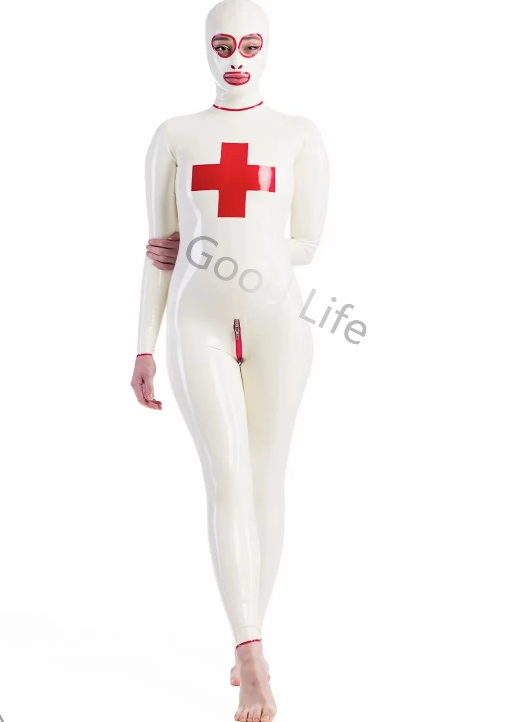 Handmade Sexy Natural Latex  Catsuit Back  to Crotch Zipper Rubber High Quality Bodysuits Nurse Suit With Hood Red Trim