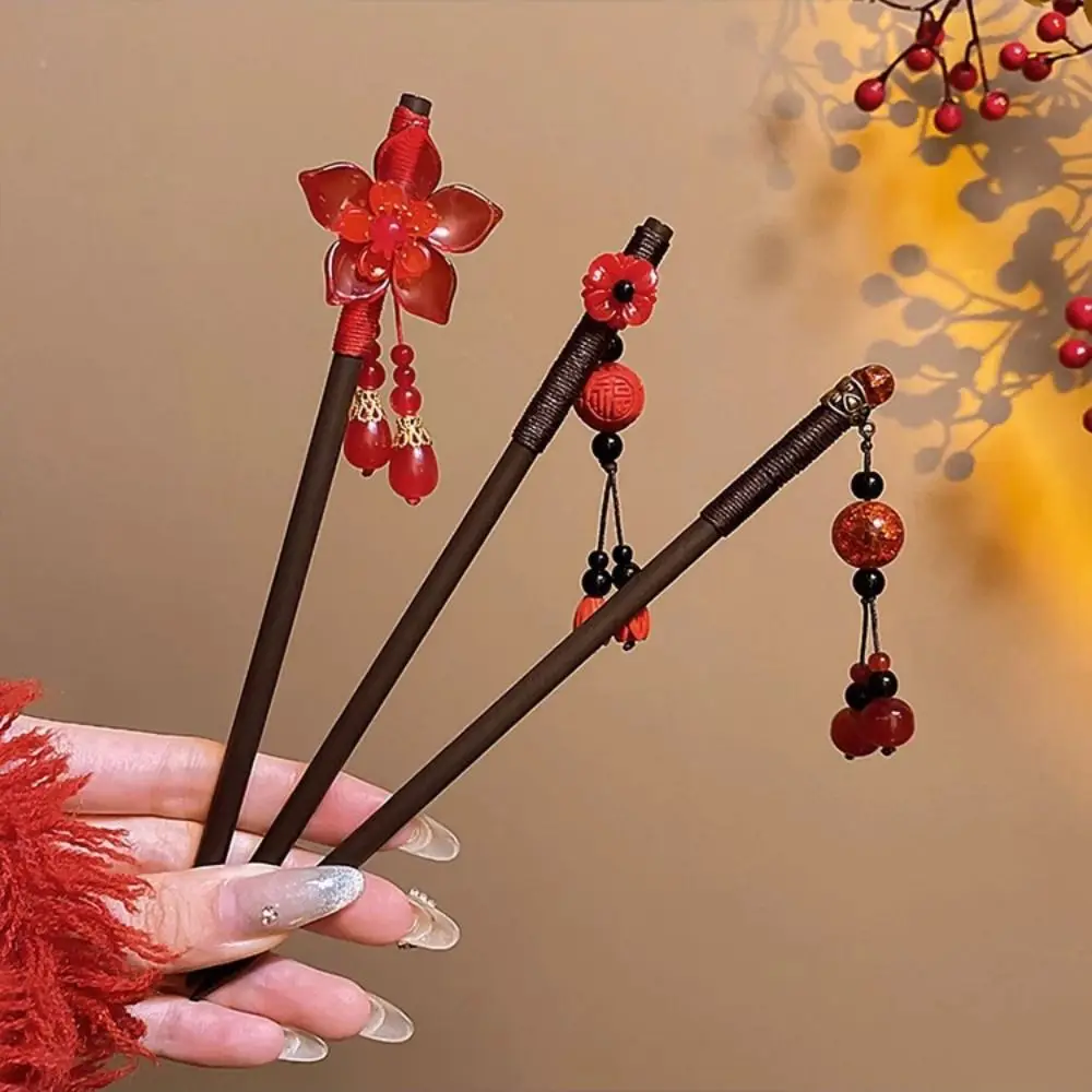 New Year Red Chinese Style Wood Hairpin Classical Temperament Tassel Hair Sticks Antique Hanfu Cheongsam Headdress