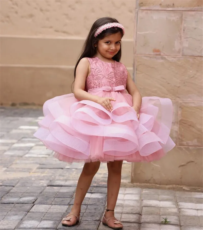 Pink Puffy Gown Flower Girl Dresses O Neck Kid Birthday Party Dress Costumes Photography Custom