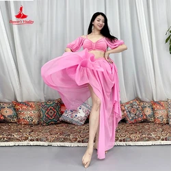 Belly Dance Practice Costume Suit for Women Half Sleeves Top+chiffon Long Skirt 2pcs Stage Performance Clothes Oriental Outfit