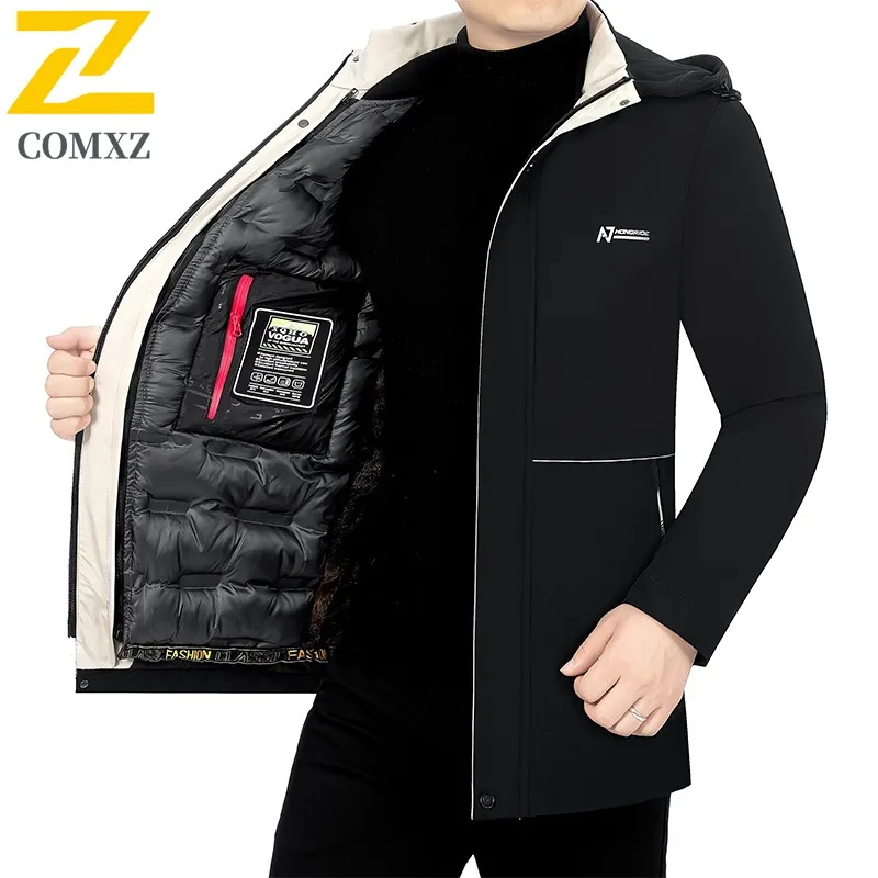 COMXZ2025 Men Winter Puffer Jacket Detachable Business Waterproof Hood Fleece Lined Casual Outdoor Sport Windproof Workwear Coat