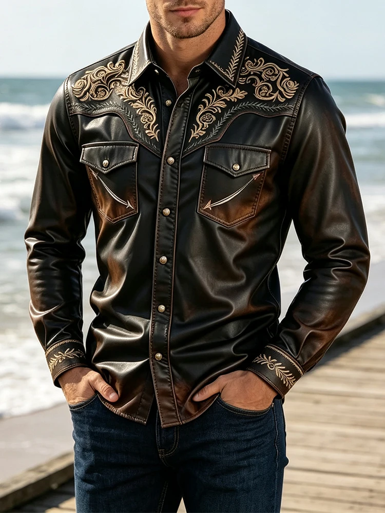 Retro Men Long Sleeve Leather Shirt Autumn Vintage Washed Embroidery Turn-down Collar Daily Outdoor Mens Fashionable Tops Men