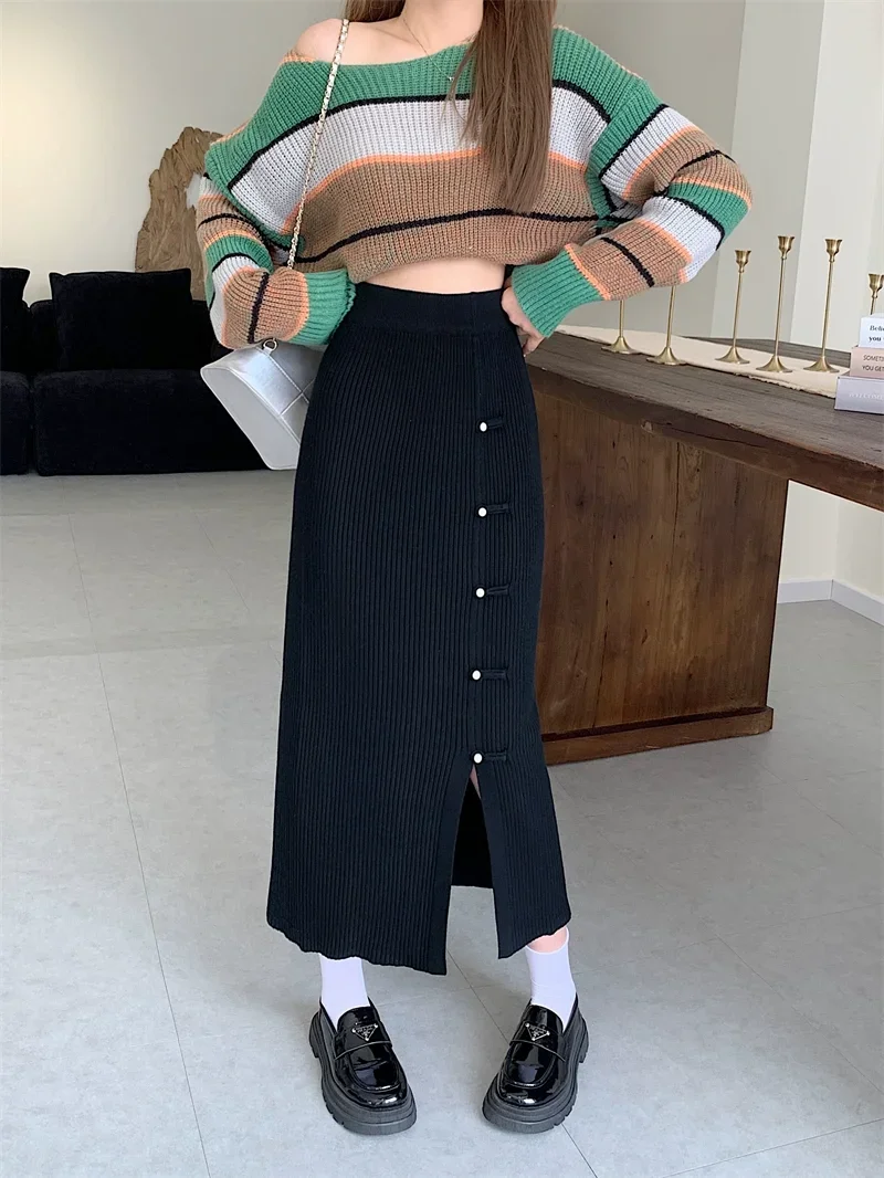 Women Skirts Autumn Winter Knit Side Slit Elegant Midi Chinese Style Casual Fashion Retro Solid Simple All-match A-line Faldas