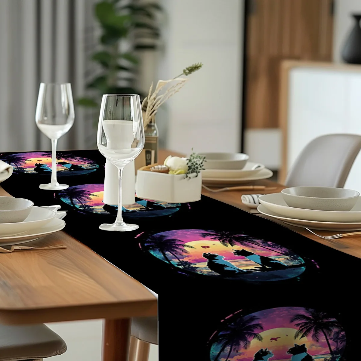 decor table runner Tropical Sunset Cats Silhouette Aesthetic Print Table Flag for wedding,Restaurant,Holiday Gathering New Year,