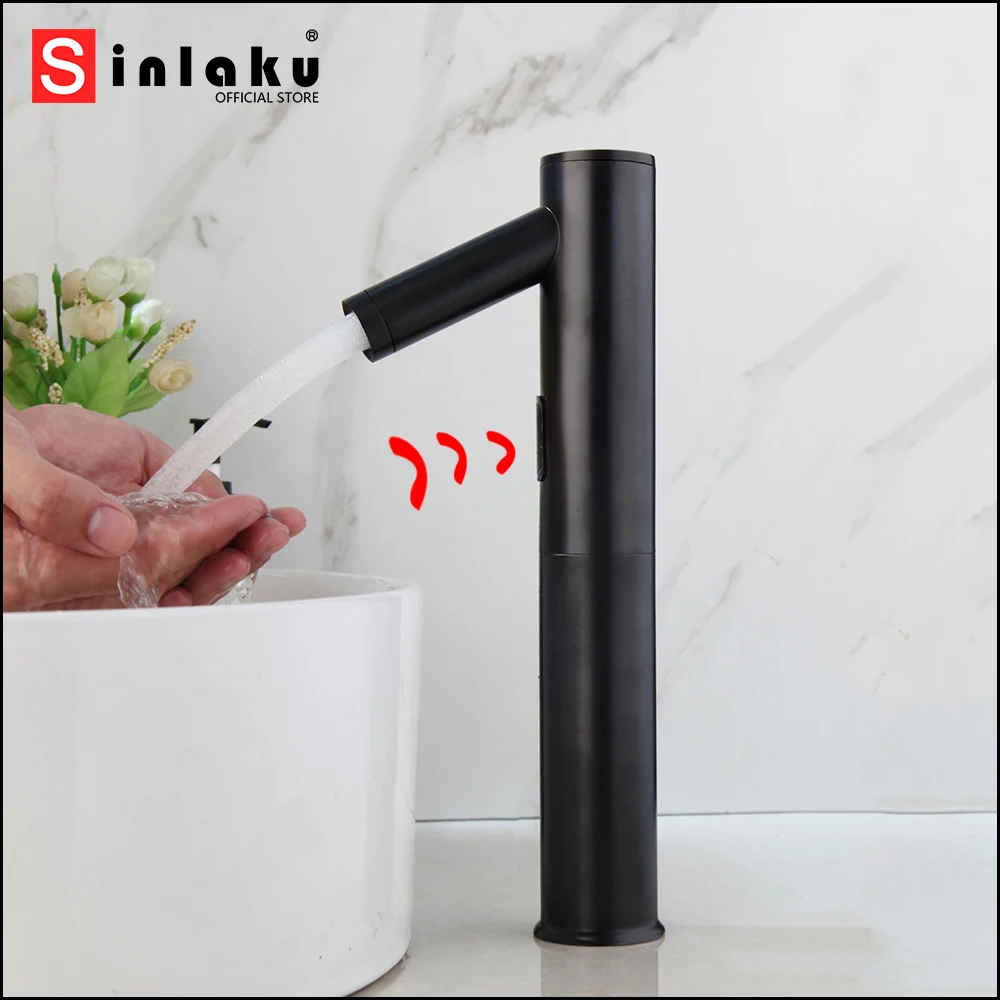 

SINLAKU Bathroom Basin Automatic Sensor Faucet Matte Black Deck Mounted Stream Touch Free With Hot And Cold Water Mixer Taps