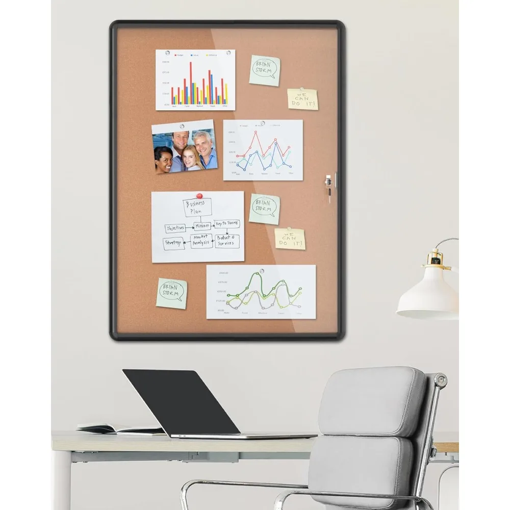 لوحة إعلانات مغلقة، لوحة إعلانات من الفلين الألومنيوم المقاوم للطقس قابلة للقفل للمدرسة والمكتب، إطار أسود مع فلين