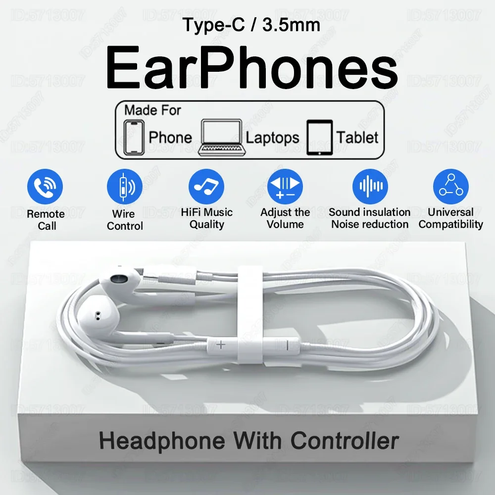 Type C Headphones Wired Earbuds For Xiaomi Redmi Poco Oneplus Google OPPO Huawei Honor Samsung Earphones Laptops Tablet Headsetk