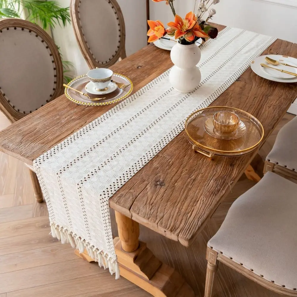 غطاء طاولة طعام مستطيل الشكل من القطن والكتان على الطراز الأمريكي مع شرابة بلون سادة #3